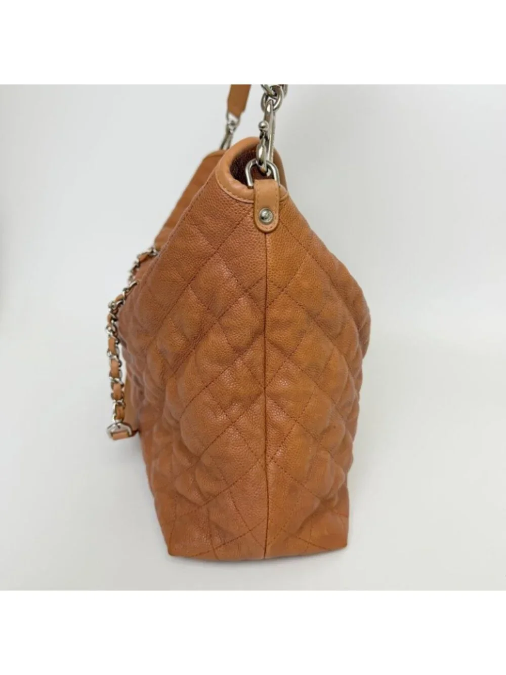 Chanel CC Logo Quilted 2-Way Chain Shoulder Bag Caviar Leather Camel Brown Seal